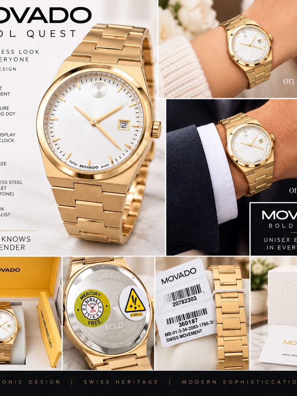 Movado Gold-Tone Stainless Steel Men’s Watch with White Dial